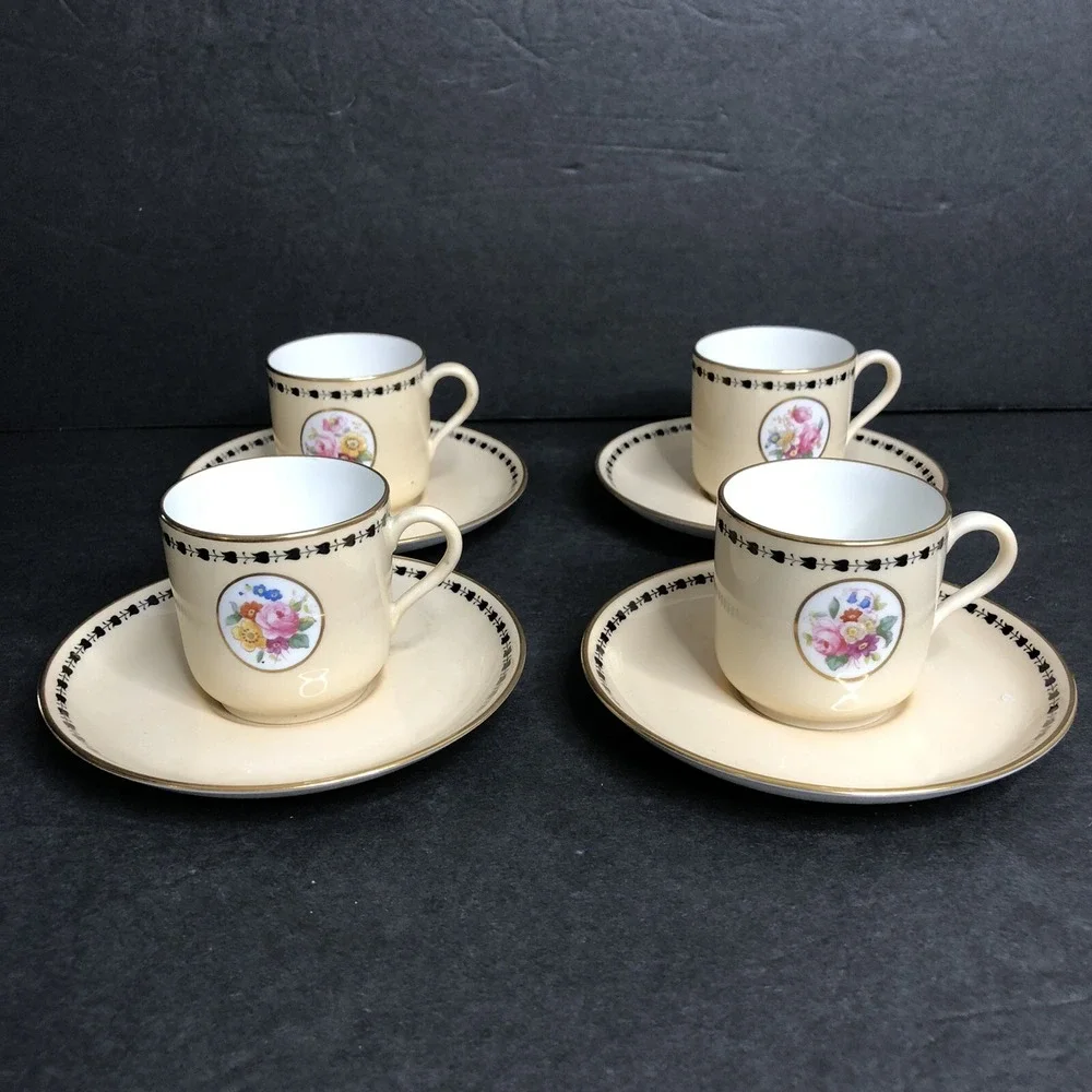 4 Copeland Spode Demitasse Cups & Saucers Rose Floral Blue Band R6704 READ
